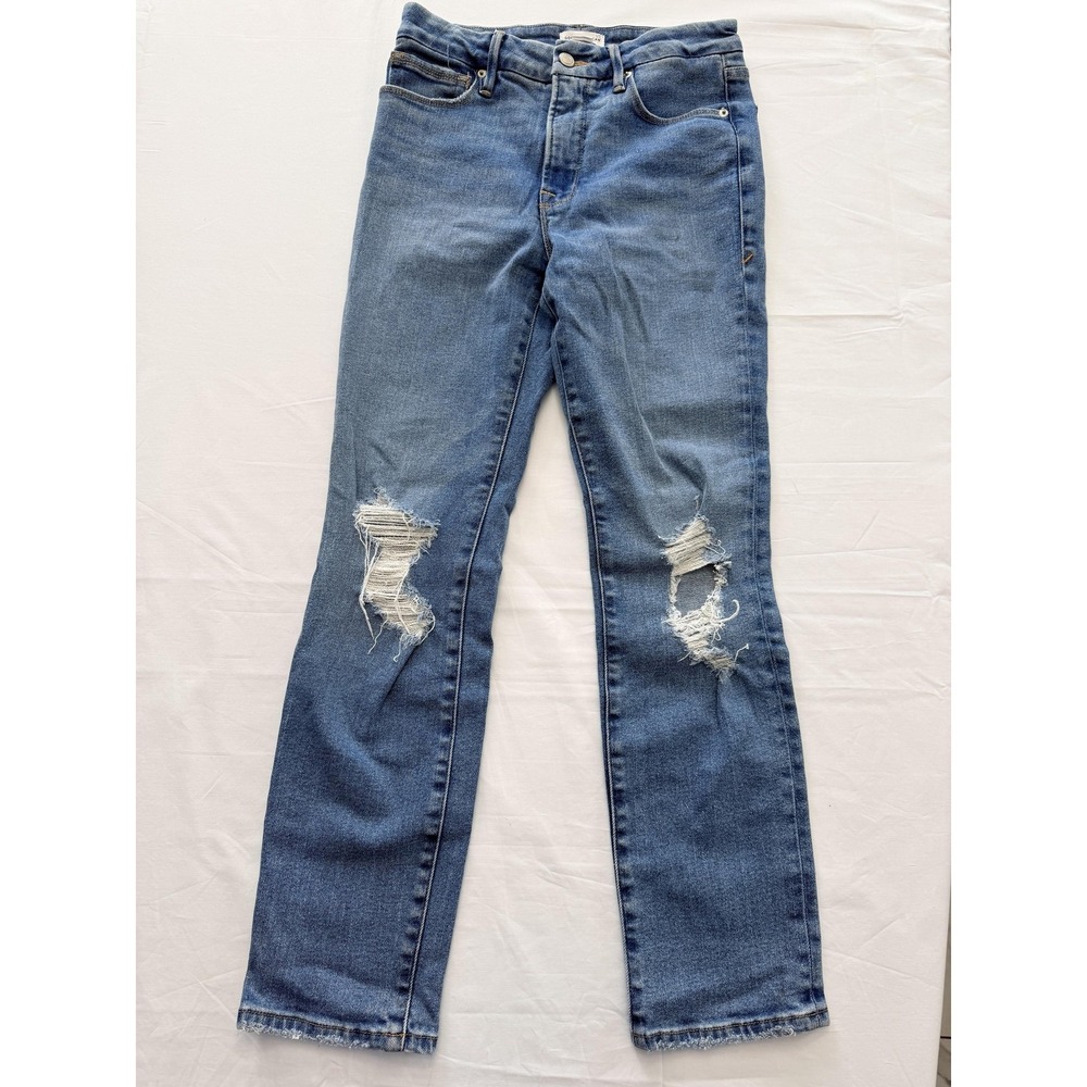 Good American Straight Jeans Womens 2 Blue Med Wash‎ High Rise Distressed 26x29